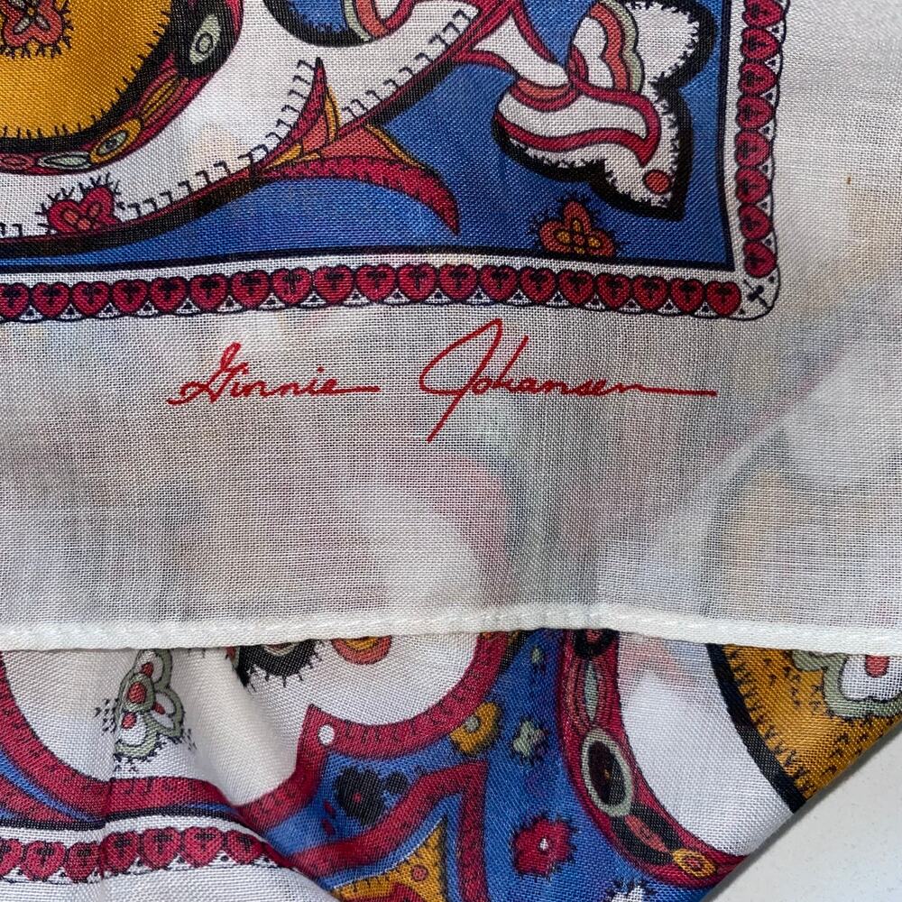 Ginnie Johansen 27" Multicolor Floral‎ Print Cotton Square Scarf PRISTINE! - Picture 3 of 3